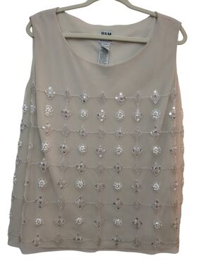 R&M Richards Beaded Sequin Sleeveless Top 24WP Champagne Evening Blouse